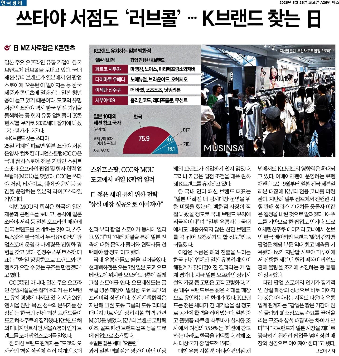 일본의 K브랜드 팝업 수요를 다룬 한국경제 기사