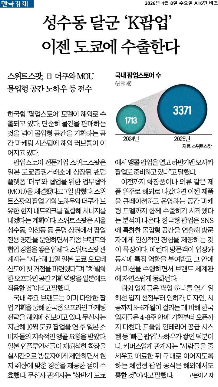 성수동 K팝업의 도쿄 진출을 다룬 한국경제 기사