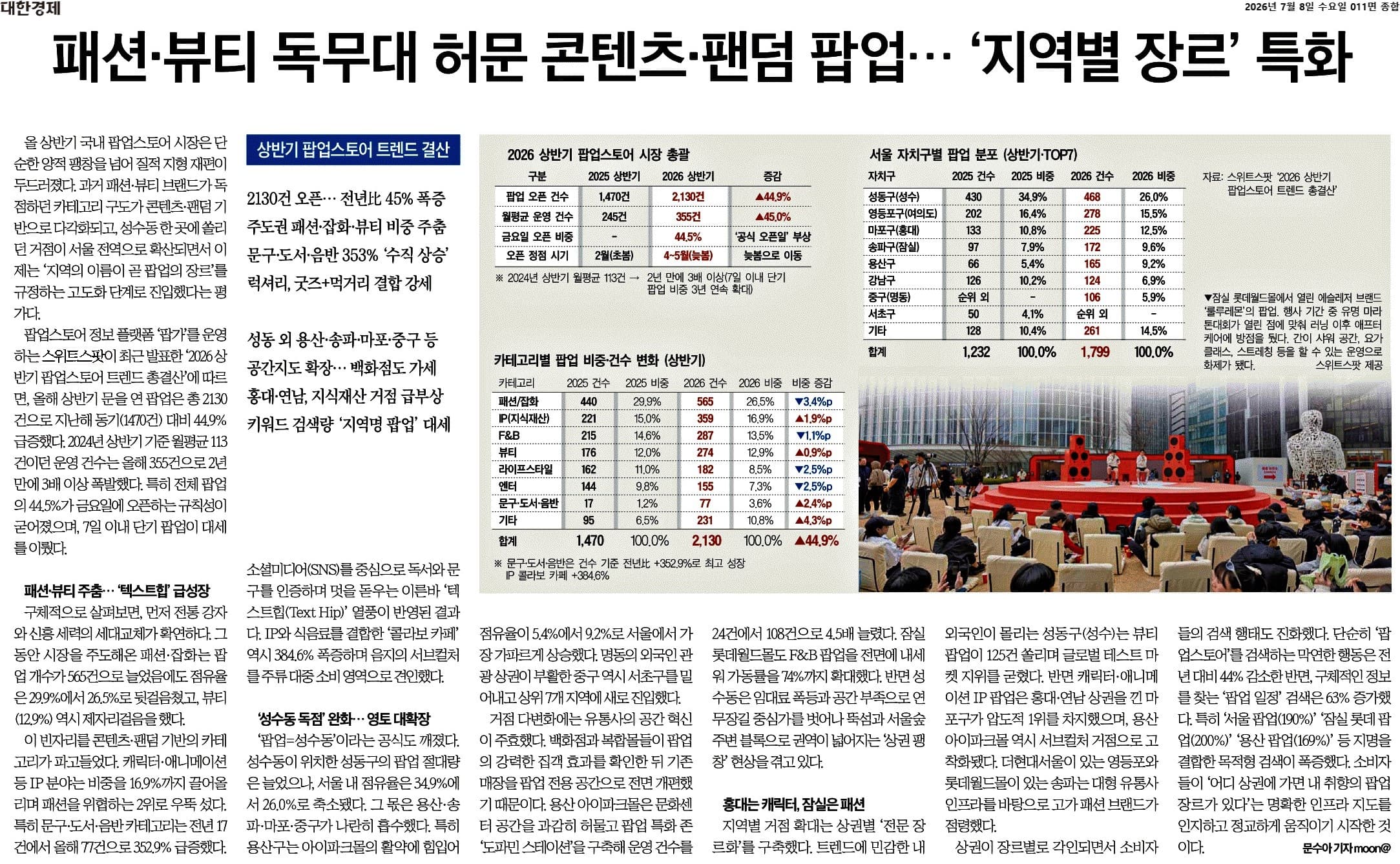 콘텐츠와 팬덤 기반 팝업을 다룬 대한경제 기사